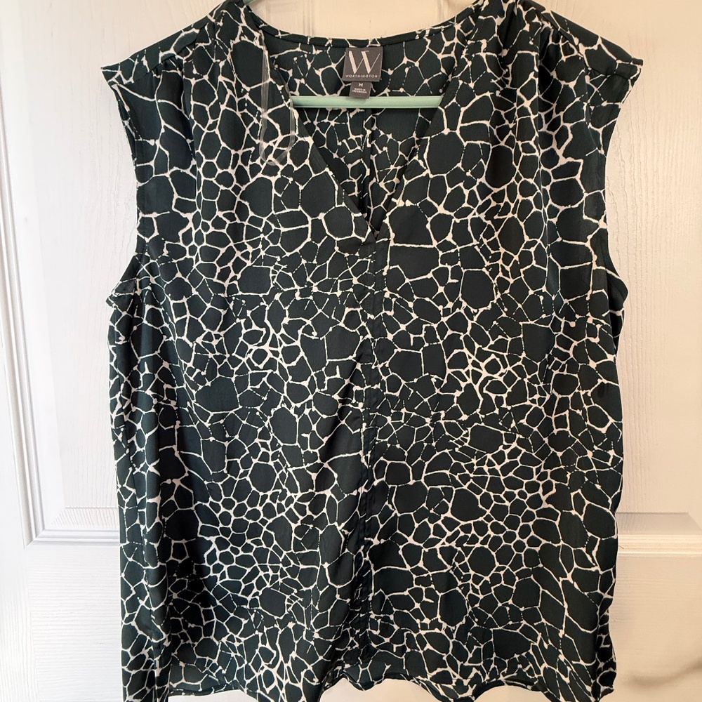 Worthington Sleeveless Blouse – Women’s Medium – Black & Cream Abstract Print